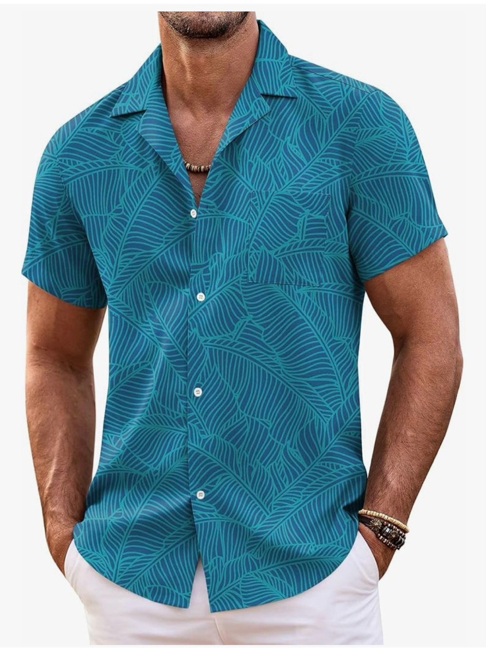 Men's Teal Tropical-Leaf Short Sleeve Button-Down Shirt travel cruise XL. 1197